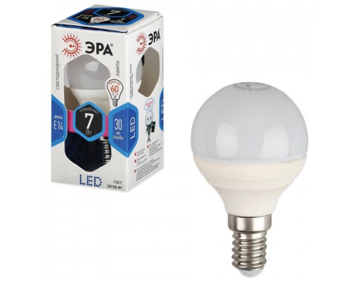 Лампа светодиодная ЭРА, 7 (60) Вт, цоколь E14, шар, холодный белый свет, 30000 ч., LED smdP45-7w-840