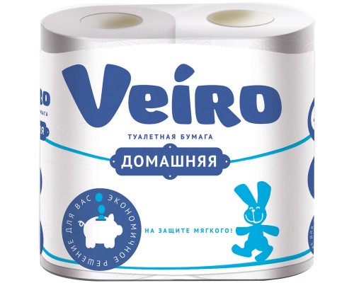 Туалетная бумага 2 сл., VEIRO "Домашняя" 4 шт/уп. тиснение, белая