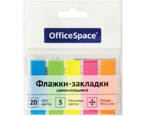 Блок-закладка 12*45 мм, 20 л. 5 цв. неоновый, пластик OfficeSpace