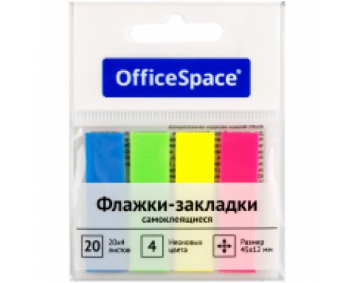 Блок-закладка 12*45 мм, 20 л. 4 цв. неоновый, пластик OfficeSpace