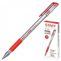 Ручка гелевая красная 0,5 мм Staff, корпус прозрачный, резиновый упор