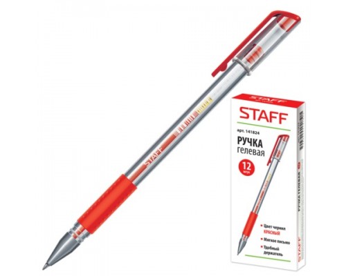 Ручка гелевая красная 0,5 мм Staff, корпус прозрачный, резиновый упор