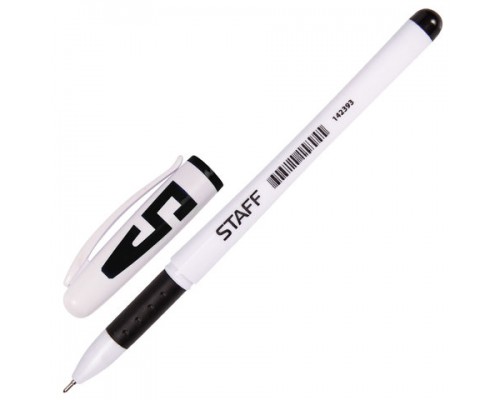 Ручка гелевая черная 0,5 мм STAFF, корпус белый,  с грипом игольчатый узел, линия письма 0,35 мм