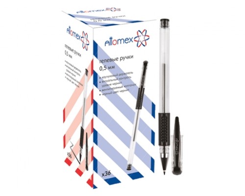 Ручка гелевая черная 0,5 мм Attomex прозрачный корпус с  резин. держателем