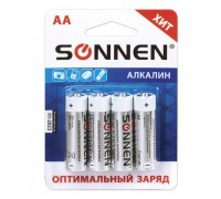 Батарейки SONNEN AA (R6), комплект 4 шт., АЛКАЛИНОВЫЕ, в блистере  1,5 В