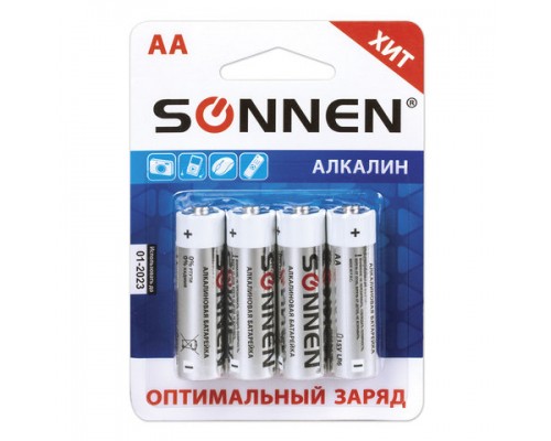 Батарейки SONNEN AA (R6), комплект 4 шт., АЛКАЛИНОВЫЕ, в блистере  1,5 В