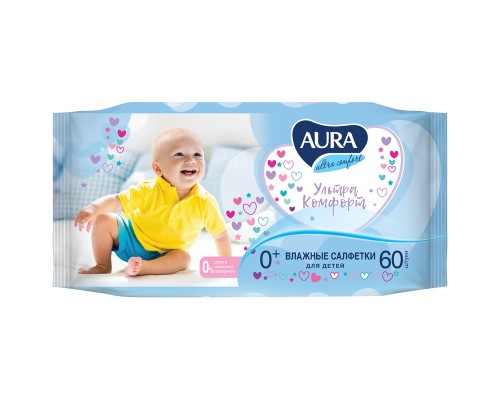 Салфетки влажные для рук 60 шт.AURA "Ultra comfort" детские, с алоэ